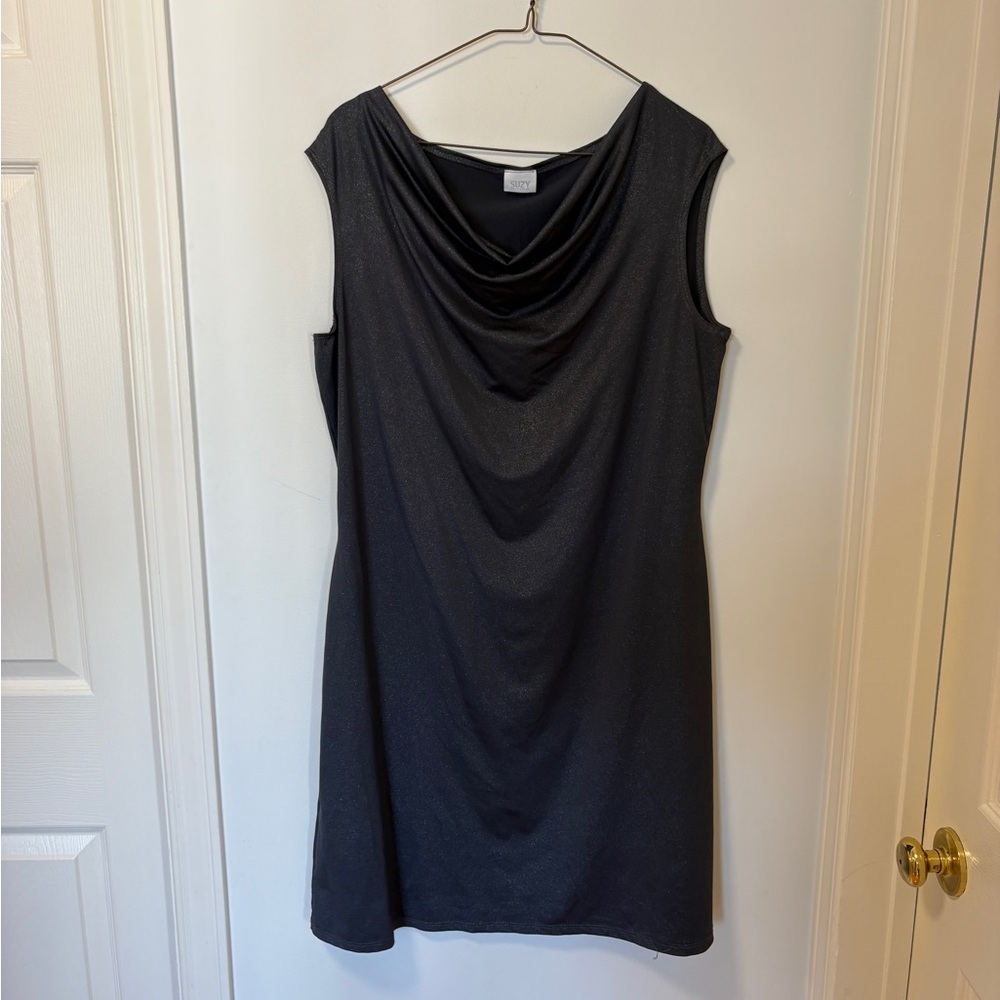 Suzy Shier Y2K Shimmery Black Mini Dress Cowl Neck L Indie Sleaze / Cyber Y2K